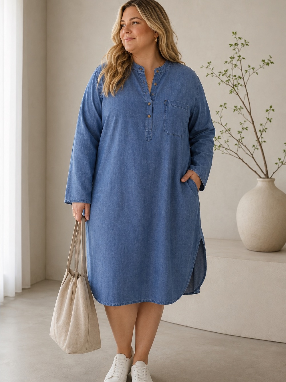Vintage CREEKS Chambray Minimalist Coastal Snap Front Midi Dress Size 16